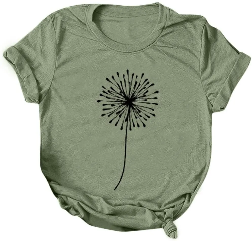 Summer Tops for Women 2025 Cute Floral Graphic Tees Crewneck Short Sleeve Shirts Dandelion Print Teen Girls Cotton Tshirts