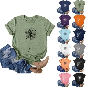 Summer Tops for Women 2025 Cute Floral Graphic Tees Crewneck Short Sleeve Shirts Dandelion Print Teen Girls Cotton Tshirts