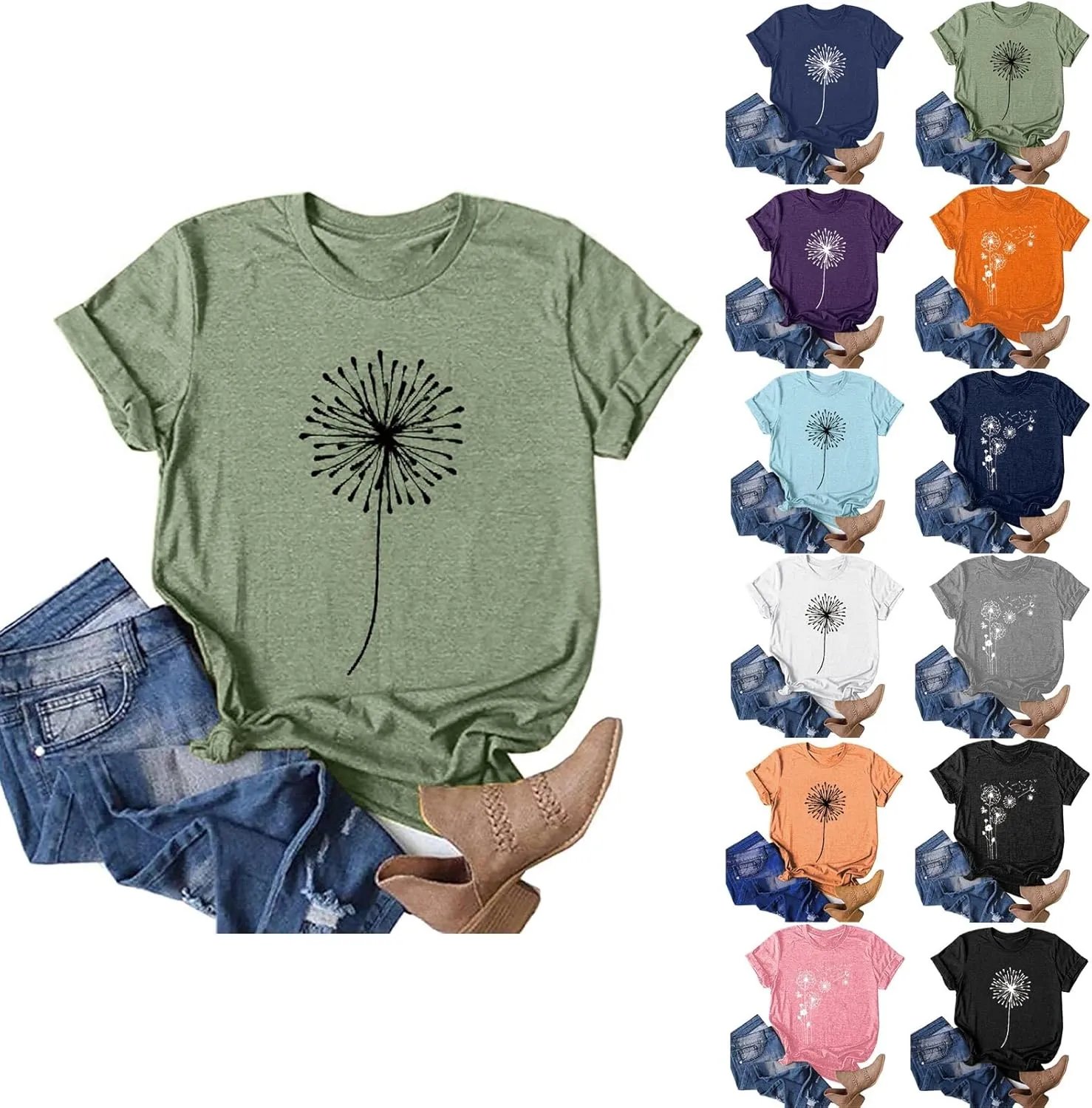 Summer Tops for Women 2025 Cute Floral Graphic Tees Crewneck Short Sleeve Shirts Dandelion Print Teen Girls Cotton Tshirts