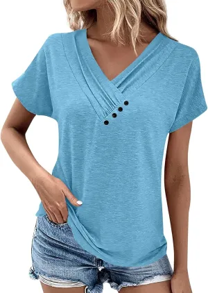 Summer Tops for Women Casual Pleated Button V-Neck Short Sleeve T Shirts Solid Color Cute Tees Loose Trendy Tunics Clothing