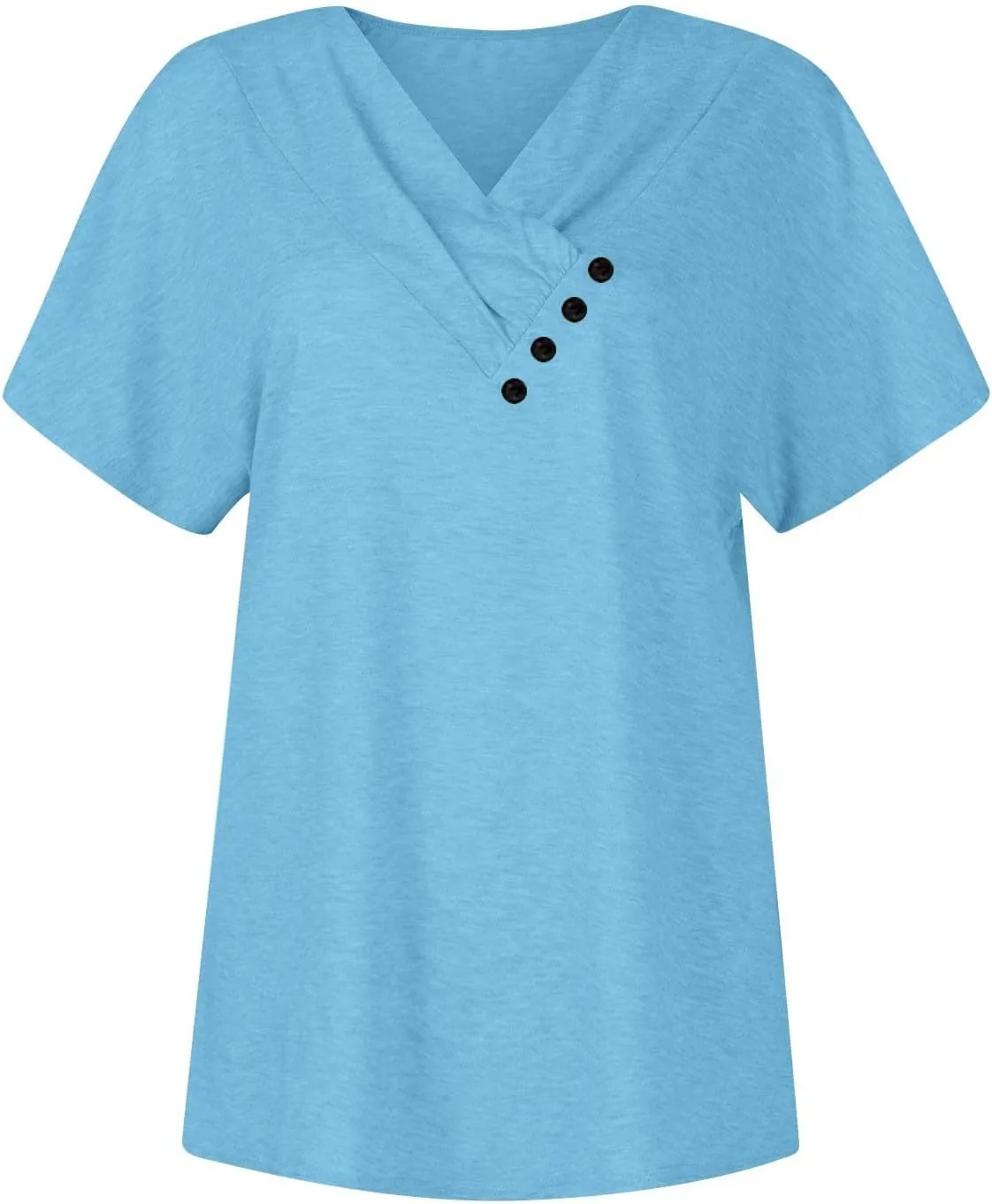 Summer Tops for Women Casual Pleated Button V-Neck Short Sleeve T Shirts Solid Color Cute Tees Loose Trendy Tunics Clothing
