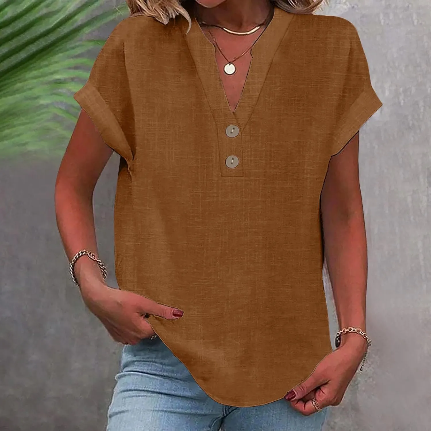 Summer Tops for Women Cotton Linen Shirts Casual Button V Neck Short Sleeve Tees Shirts Fashion Solid Blouses Tshirts