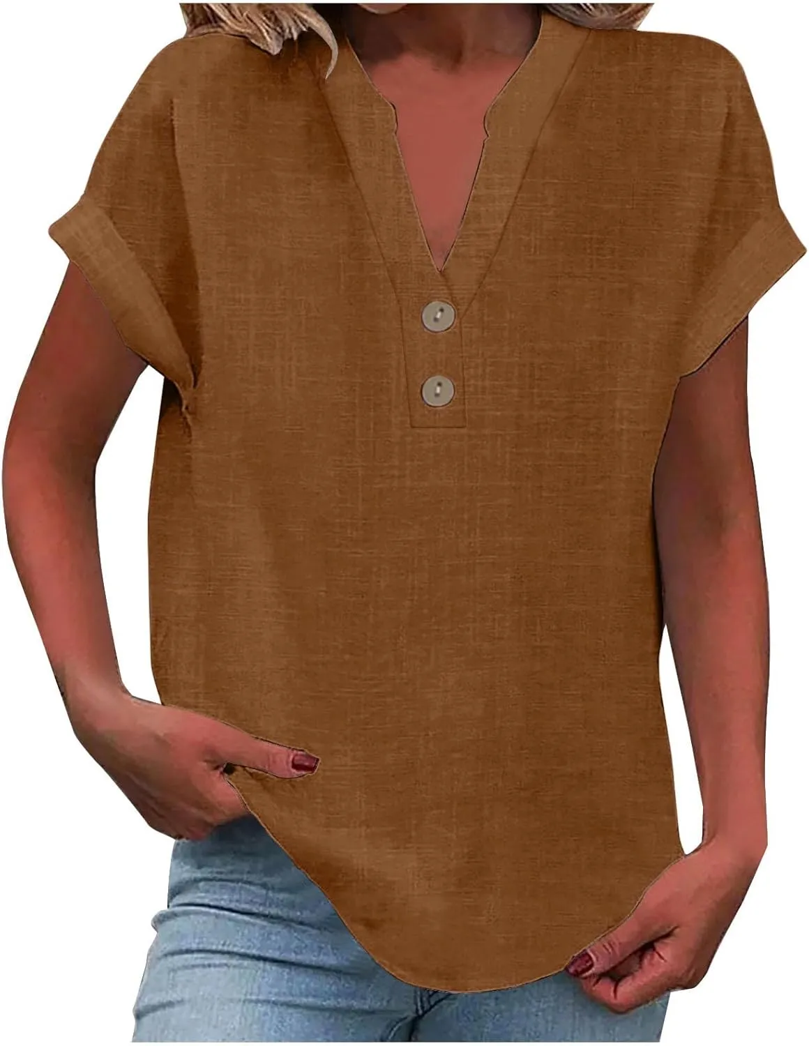 Summer Tops for Women Cotton Linen Shirts Casual Button V Neck Short Sleeve Tees Shirts Fashion Solid Blouses Tshirts