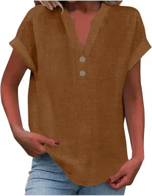 Summer Tops for Women Cotton Linen Shirts Casual Button V Neck Short Sleeve Tees Shirts Fashion Solid Blouses Tshirts