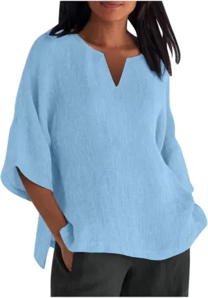 Summer Tops for Women, Womens T Shirts V Neck Short Sleeve Cotton Linen Tunic Tees 2025 Dressy Boho Blouses Shirts