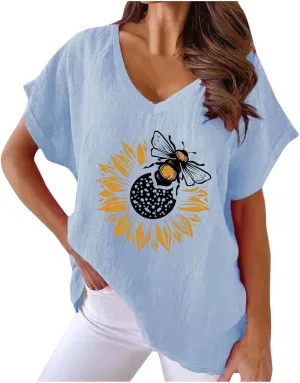 Summer Womens Cotton Linen T-Shirt Casual Sunflower Bees Printed Tops Short Sleeve V-Neck Shirts Comfy Loose Blouse
