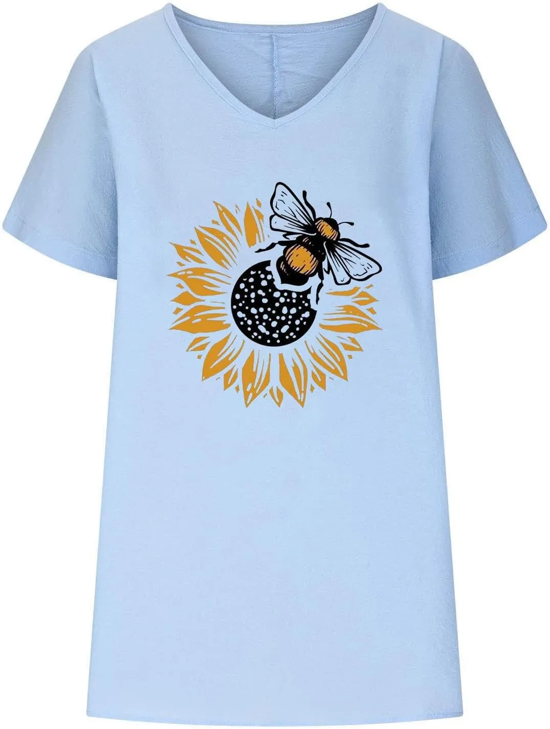 Summer Womens Cotton Linen T-Shirt Casual Sunflower Bees Printed Tops Short Sleeve V-Neck Shirts Comfy Loose Blouse