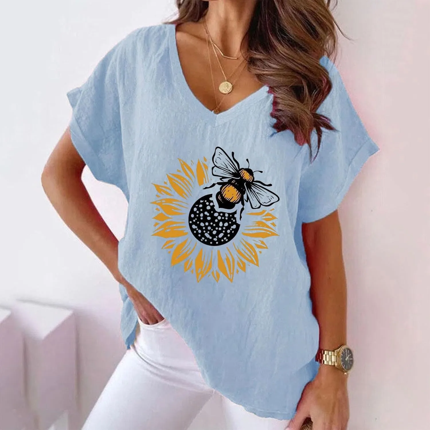 Summer Womens Cotton Linen T-Shirt Casual Sunflower Bees Printed Tops Short Sleeve V-Neck Shirts Comfy Loose Blouse