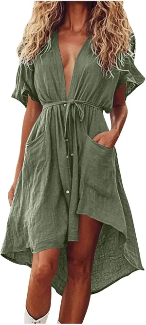 Sun Dress for Women Tie Waist Deep V Neck Loose Plus Size Dresses Solid Color Resort Wear for Grown Wedding Guest