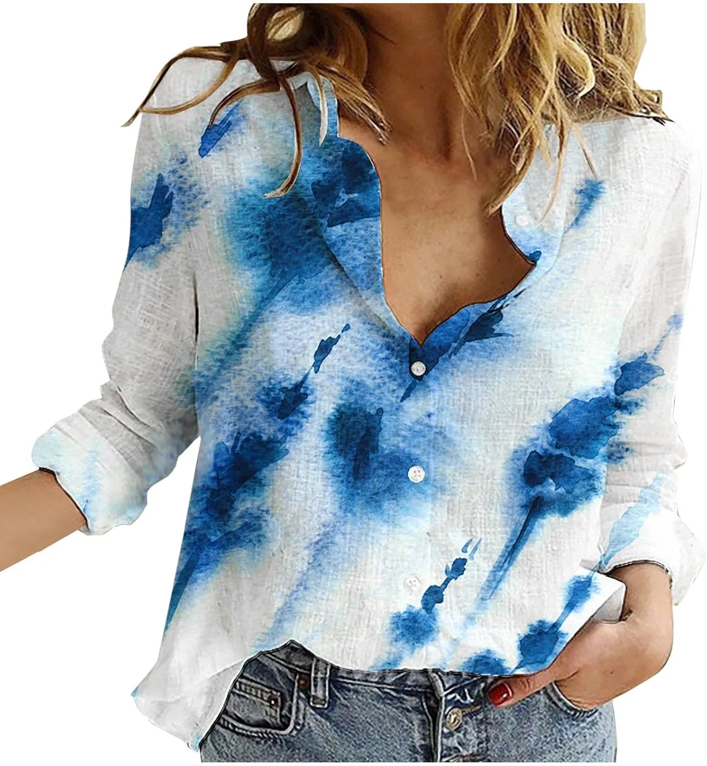 Tops for Women Lapel V Neck Mushroom Print Shirts Summer Cotton Linen Tees Shirts Long Sleeve Button Down Blouses