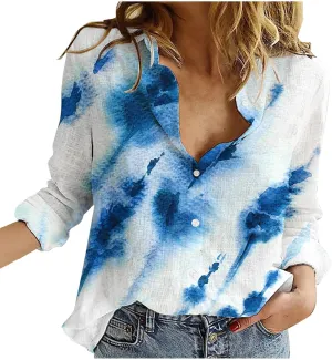 Tops for Women Lapel V Neck Mushroom Print Shirts Summer Cotton Linen Tees Shirts Long Sleeve Button Down Blouses