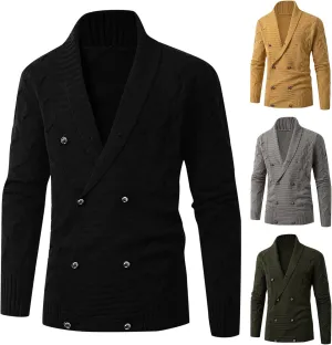 tuduoms Mens Vintage Cable Knit Cardigan Shawl Collar Button Down Cardigan Sweater Slim Fit V Neck Long Sleeve Knitwear Coat