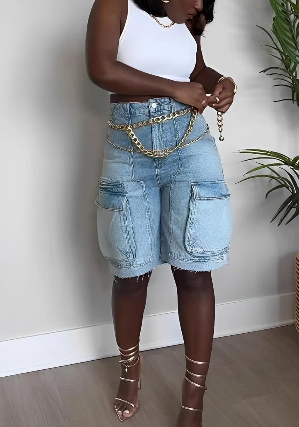 Unybwonn Women Denim Shorts High Waisted Distressed Straight Leg Cargo Shorts Casual Cargo Jean Shorts with Pockets