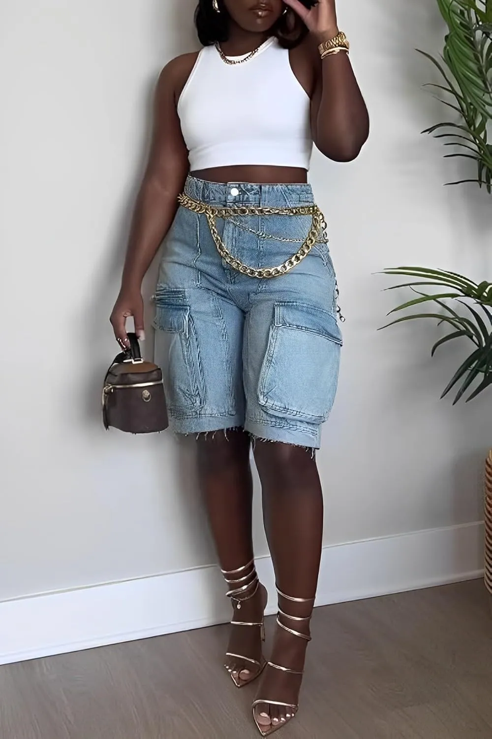 Unybwonn Women Denim Shorts High Waisted Distressed Straight Leg Cargo Shorts Casual Cargo Jean Shorts with Pockets