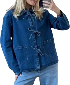 utcoco Women's 2024 Fall Tie Front Denim Tops Lightweight Casual Loose Fit Long Sleeve Lace Up Jean Shirt Jackets