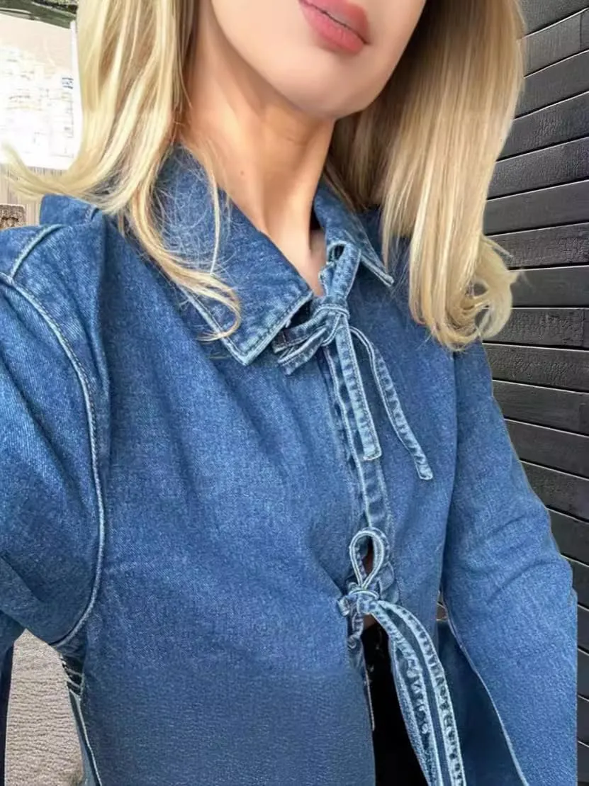utcoco Women's 2024 Fall Tie Front Denim Tops Lightweight Casual Loose Fit Long Sleeve Lace Up Jean Shirt Jackets