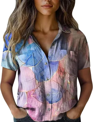 Vintage Boho Tops for Women Button Up Blouses Cotton Short Sleeve Colorful Stripe Print V Neck Collared Tops Fashion 2025