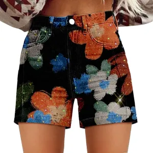 Vintage Denim Shorts for Women 2025 Boho Floral Print Summer Jean Trendy Shorts High Waist Retro Y2K Streetwear