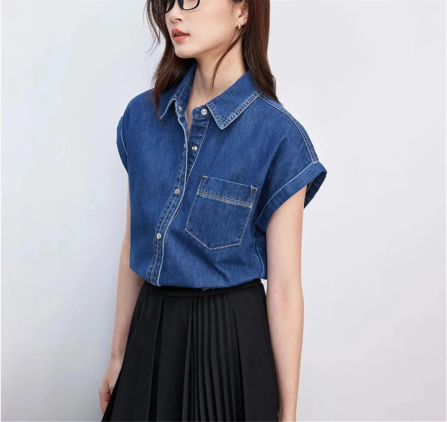 Vintage Streetwear Denim Shirt for Women 2025 Fashion Casual Lapel Short Sleeve Cotton Button Jean Outerwear