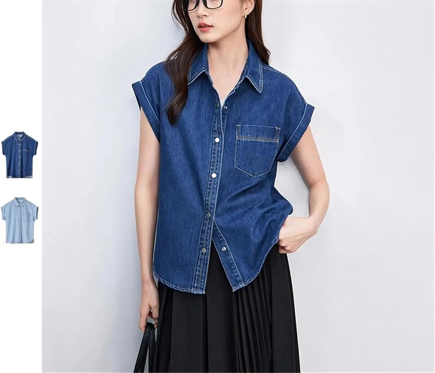Vintage Streetwear Denim Shirt for Women 2025 Fashion Casual Lapel Short Sleeve Cotton Button Jean Outerwear
