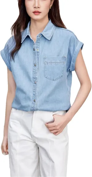 Vintage Streetwear Denim Shirt for Women 2025 Fashion Casual Lapel Short Sleeve Cotton Button Jean Outerwear