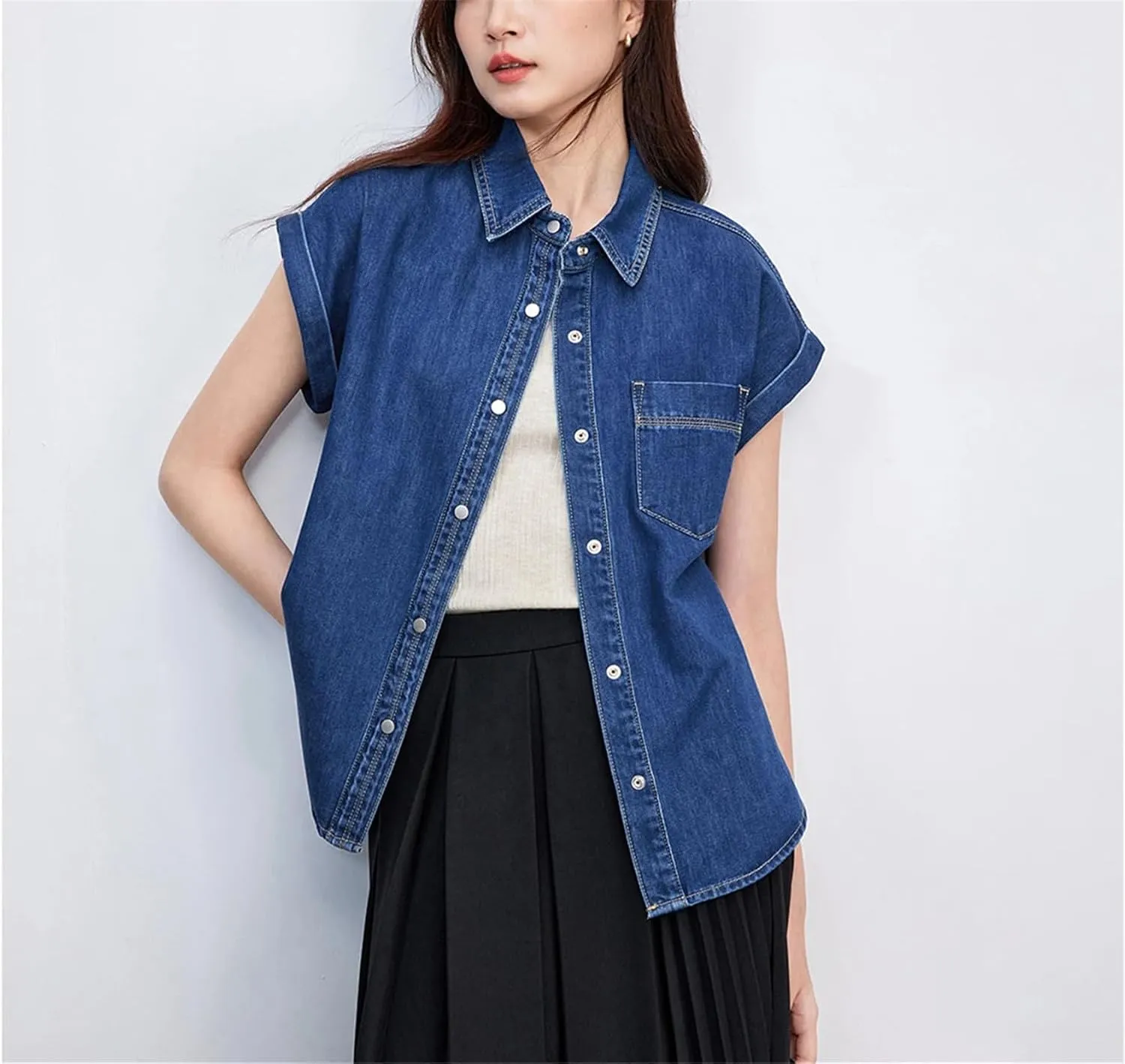 Vintage Streetwear Denim Shirt for Women 2025 Fashion Casual Lapel Short Sleeve Cotton Button Jean Outerwear