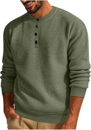 Waffle Texture Sweatshirt for Men Button Down Crew Neck Long Sleeve Henley Sweatshirt Warm Lightweight Casual Tshirt