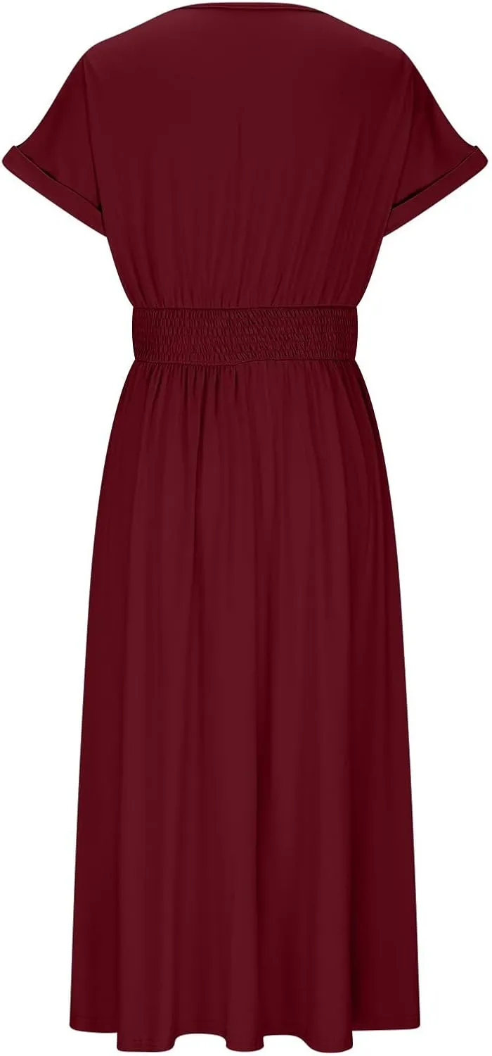 Wedding Guest Dress Cocktail for Women Cinch Waist Short Sleeve V Neck Dresses Casual Flowy Curved Hem Sundress