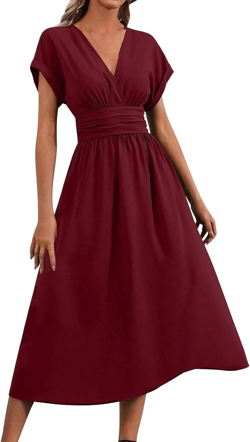 Wedding Guest Dress Cocktail for Women Cinch Waist Short Sleeve V Neck Dresses Casual Flowy Curved Hem Sundress