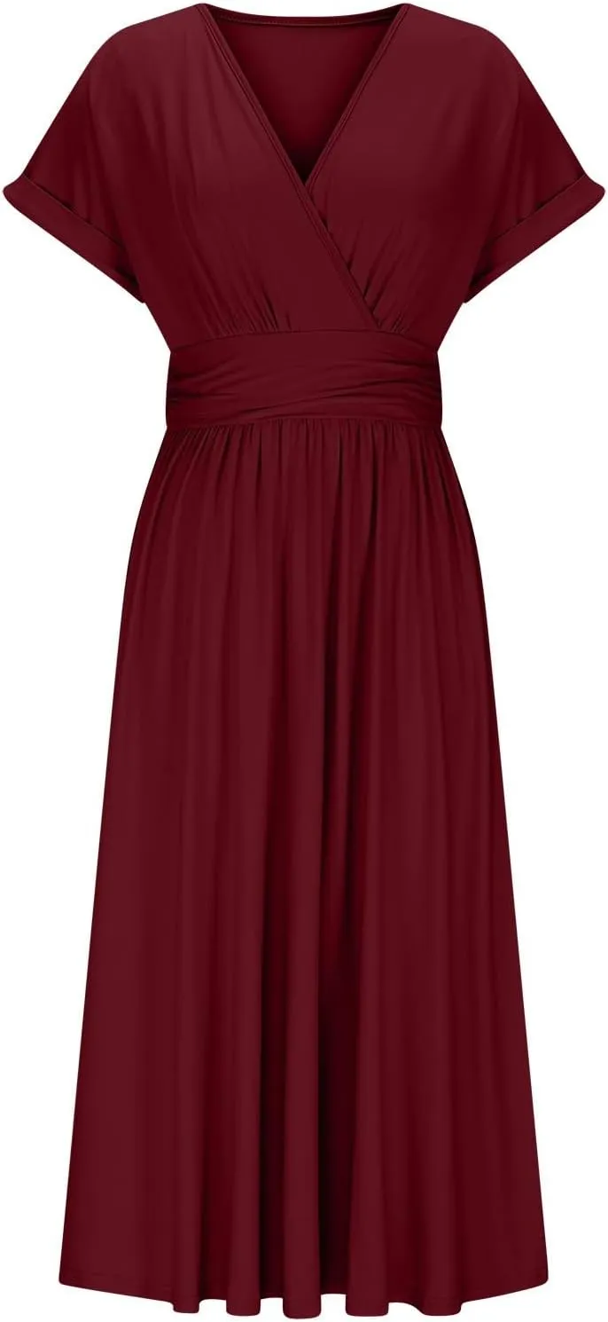 Wedding Guest Dress Cocktail for Women Cinch Waist Short Sleeve V Neck Dresses Casual Flowy Curved Hem Sundress