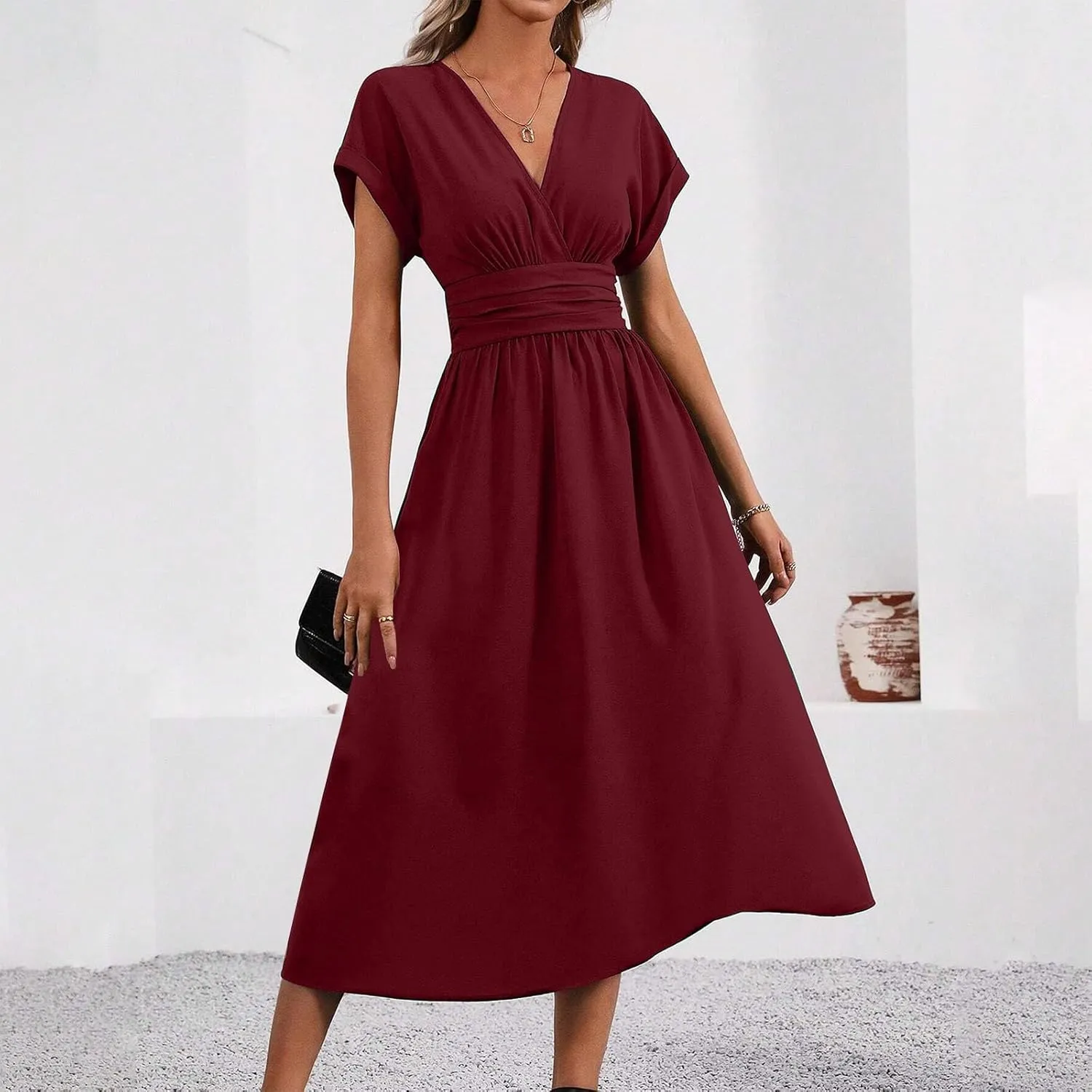 Wedding Guest Dress Cocktail for Women Cinch Waist Short Sleeve V Neck Dresses Casual Flowy Curved Hem Sundress
