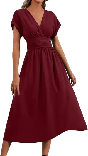Wedding Guest Dress Cocktail for Women Cinch Waist Short Sleeve V Neck Dresses Casual Flowy Curved Hem Sundress