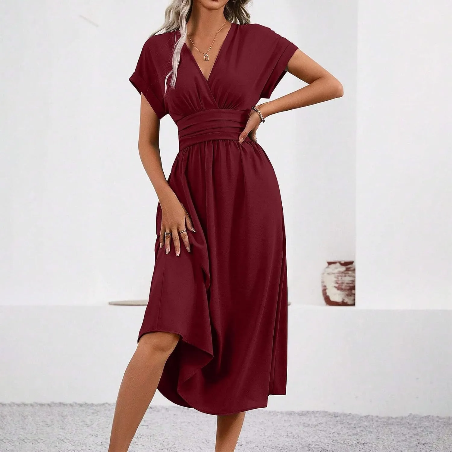 Wedding Guest Dress Cocktail for Women Cinch Waist Short Sleeve V Neck Dresses Casual Flowy Curved Hem Sundress