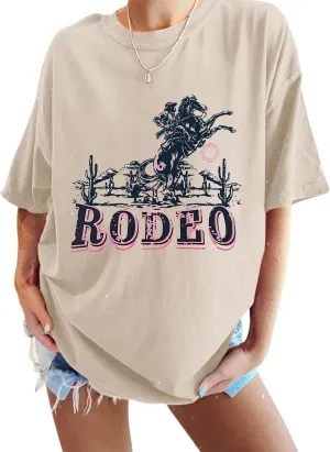 Western Cowboy Shirts for Women Vintage Rodeo Graphic Oversized Tshirt Country Music T Shirt Cowgirl Tees Retro Tops