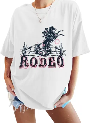 Western Cowboy Shirts for Women Vintage Rodeo Graphic Oversized Tshirt Country Music T Shirt Cowgirl Tees Retro Tops