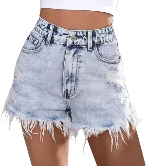 White Denim Shorts for Women Trendy Mid Waisted Stretchable Vintage Shorts Jeans Plain Color Raw Hem Hot Shorts