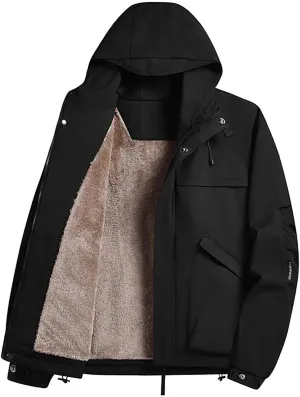 Windbreaker Jackets for Men Waterproof Lightweight Hooded Softshell Sherpa Lined Jacket Travel Jacket with Pocket