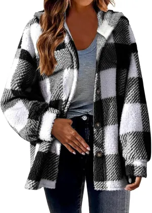 Winter Coats for Women Sherpa Fleece Plaid Hooded Button Up Fuzzy Open Front Jackets Trendy Plush Fluffy Warm Outwear