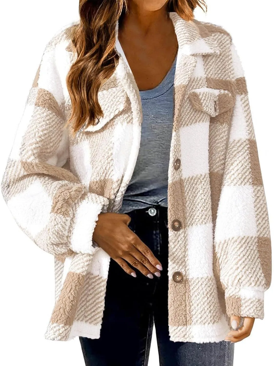 Winter Coats for Women Sherpa Fleece Plaid Hooded Button Up Fuzzy Open Front Jackets Trendy Plush Fluffy Warm Outwear