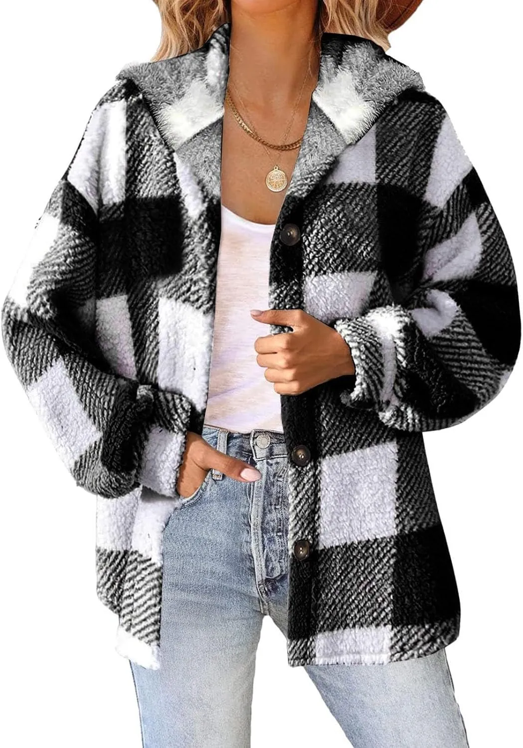 Winter Coats for Women Sherpa Fleece Plaid Hooded Button Up Fuzzy Open Front Jackets Trendy Plush Fluffy Warm Outwear