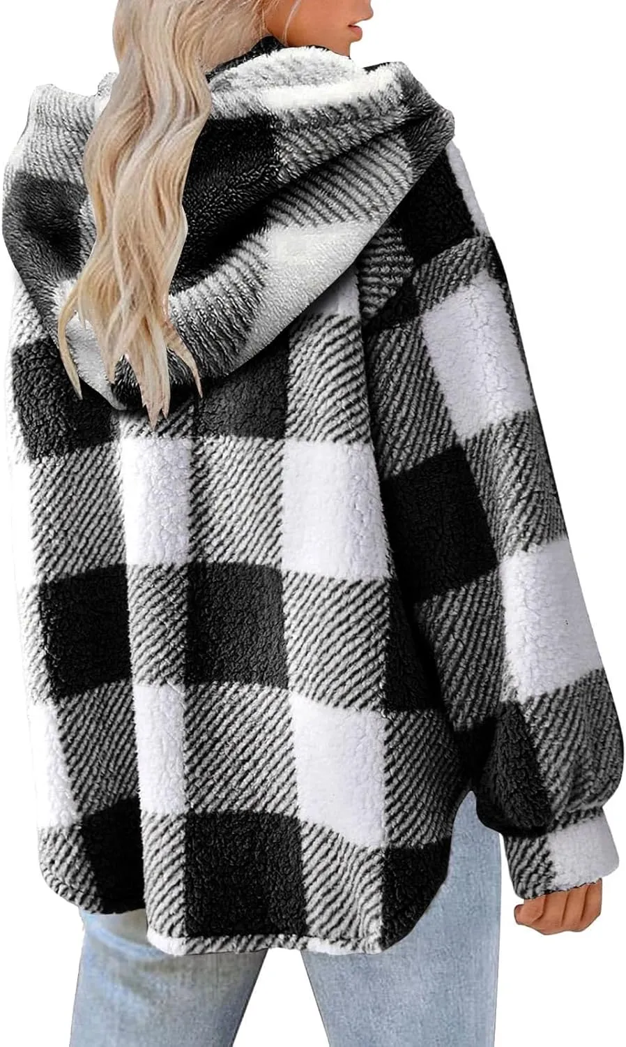 Winter Coats for Women Sherpa Fleece Plaid Hooded Button Up Fuzzy Open Front Jackets Trendy Plush Fluffy Warm Outwear