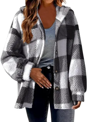 Winter Coats for Women Sherpa Fleece Plaid Hooded Button Up Fuzzy Open Front Jackets Trendy Plush Fluffy Warm Outwear