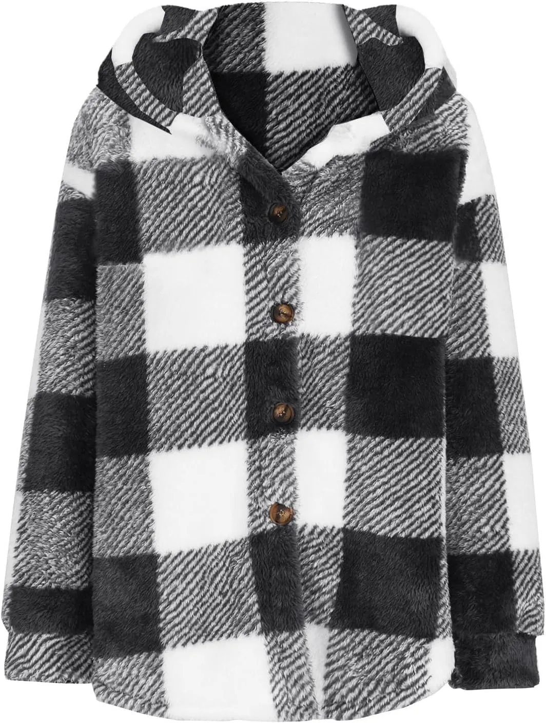 Winter Coats for Women Sherpa Fleece Plaid Hooded Button Up Fuzzy Open Front Jackets Trendy Plush Fluffy Warm Outwear