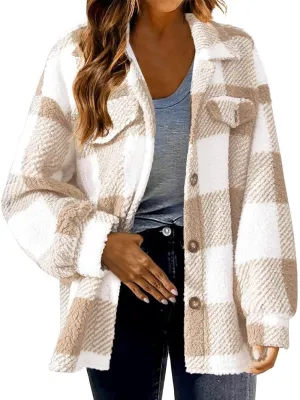 Winter Coats for Women Sherpa Fleece Plaid Hooded Button Up Fuzzy Open Front Jackets Trendy Plush Fluffy Warm Outwear
