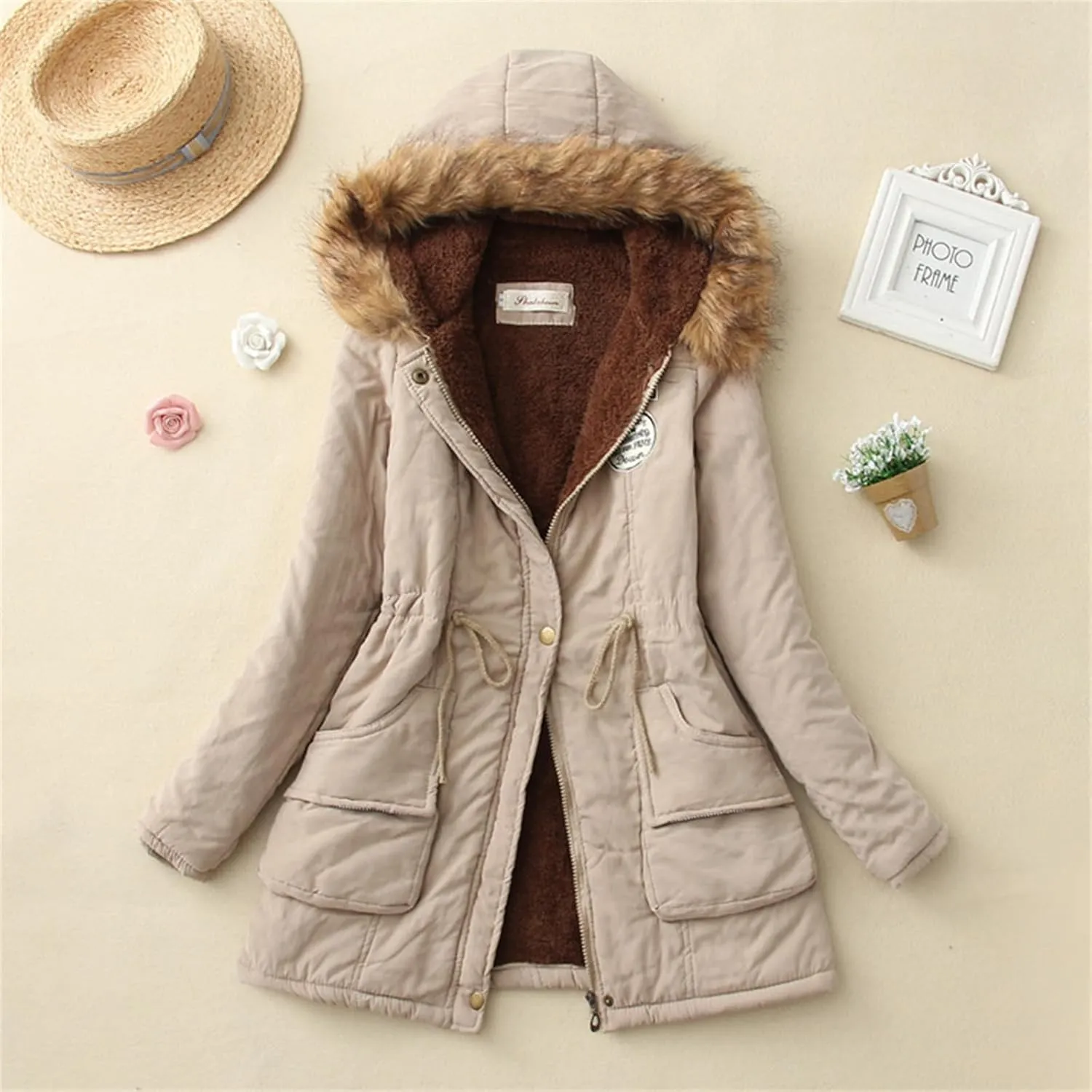 Winter Jackets for Women Warm Faux Lamb Wool Lined Jacket Coat Mid Length Thicken Padded Jacket