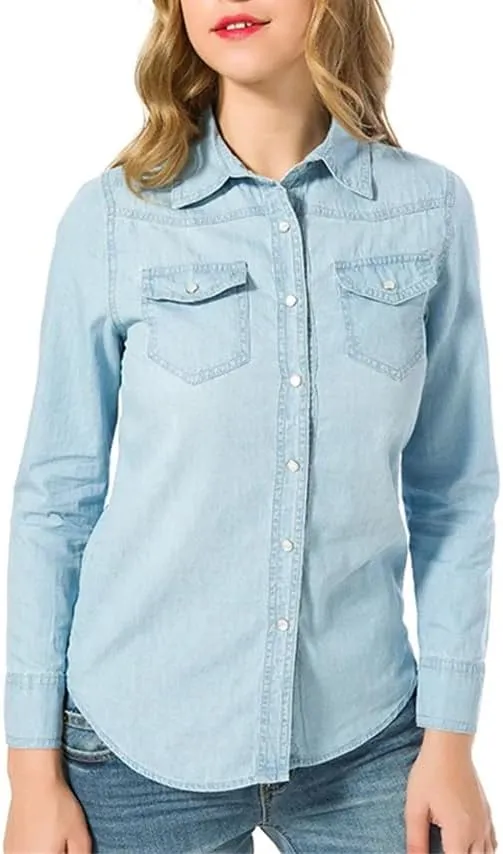 Women Autumn Long Sleeve Denim Shirts Single Buttons Elegant Korean Shirts with Pockets