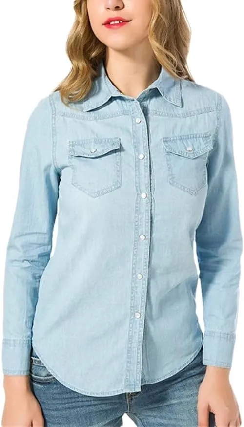 Women Autumn Long Sleeve Denim Shirts Single Buttons Elegant Korean Shirts with Pockets