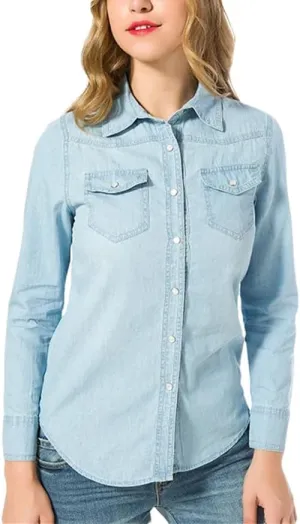 Women Autumn Long Sleeve Denim Shirts Single Buttons Elegant Korean Shirts with Pockets