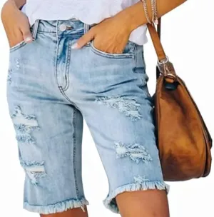 Women Bermuda Denim Shorts Mid Waist Stretchy Five Points Jean Shorts