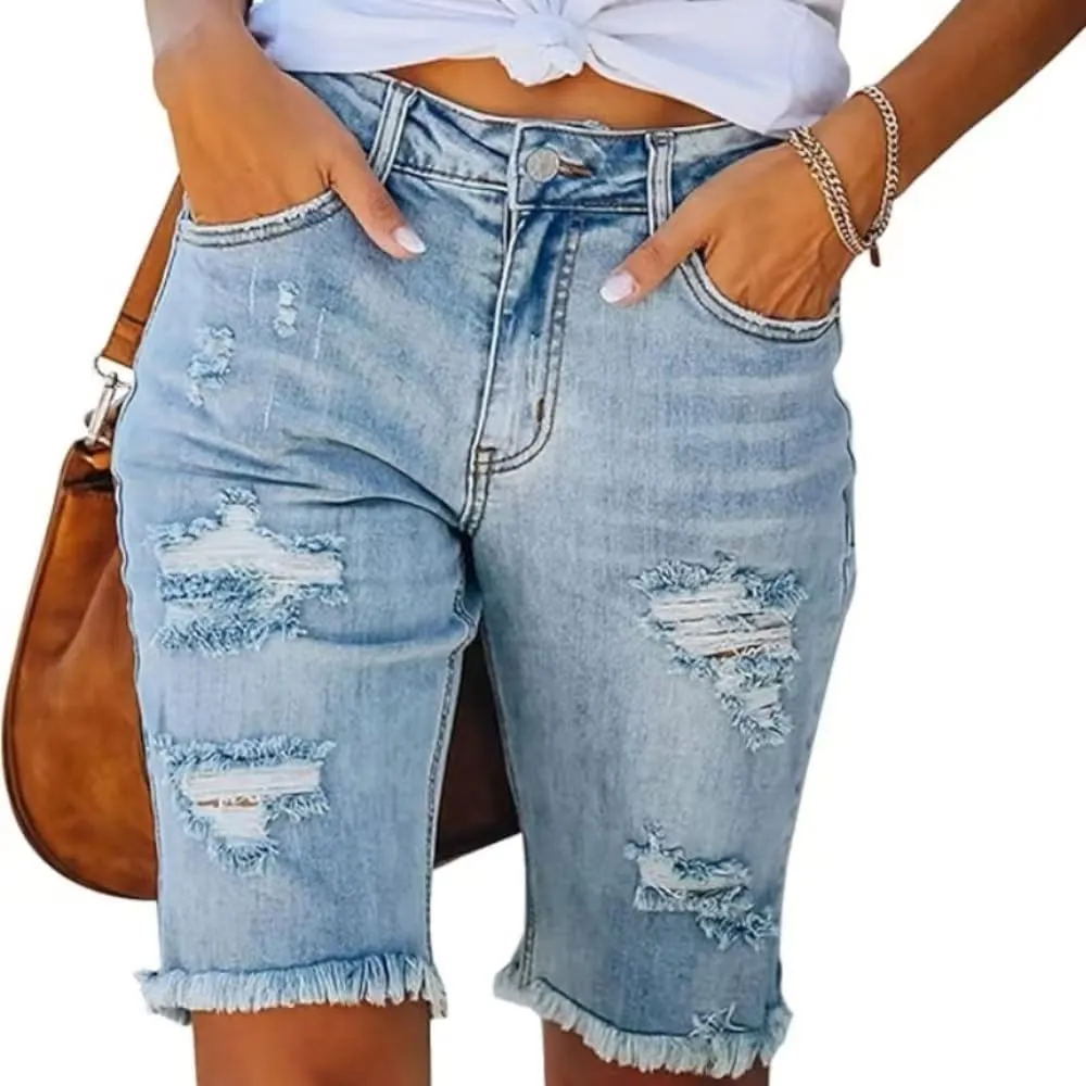 Women Bermuda Denim Shorts Mid Waist Stretchy Five Points Jean Shorts